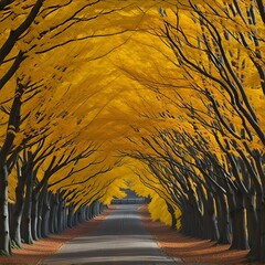 Light at the end of the tunnel of tree tunnel in autumn and walkway in yellow tree tunnel South Korea