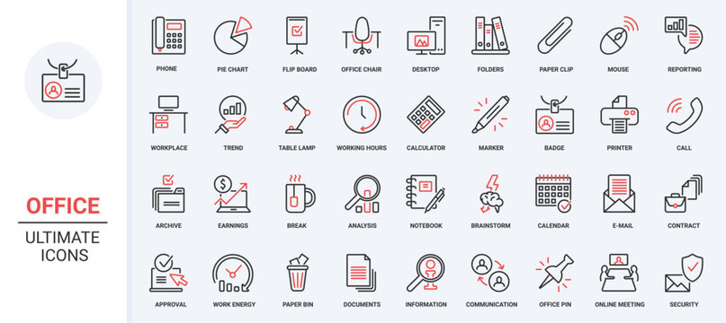 Vector illustration trendy red black thin line icons set office communication documents, including working team symbols, finance trend analysis pie chart report, brainstorm, planning, business meeting