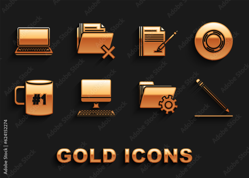 Poster set computer monitor with keyboard, scotch, pencil eraser and line, folder settings gears, coffee cu