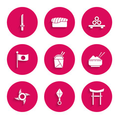 Set Asian noodles in paper box and chopsticks, Japanese ninja shuriken, Gate, Rice bowl with, National flag of on pole, Sushi cutting board and katana icon. Vector