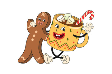 Gingerbread and a mug of hot drink, Groove characters have fun celebrating Christmas. Vector illustration in retro cartoon style, design for poster, flyer, menu