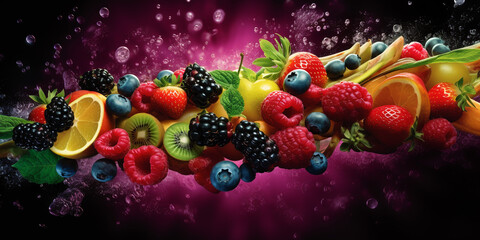 mix of fresh fruits and berries in motion. ai generative