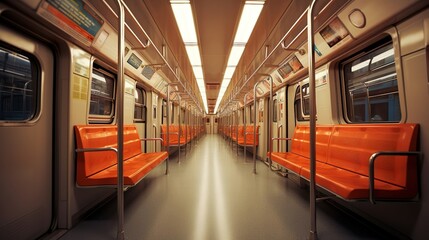 Fototapeta premium Interior of subway train, urban background. Created with Generative Ai technology.