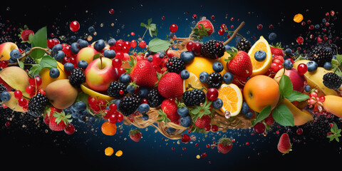 Obraz na płótnie Canvas mix of fresh fruits and berries in motion. ai generative