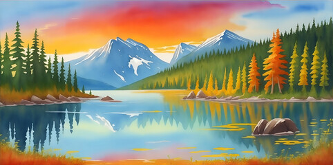 Watercolor Canada nature landscape. AI generated illustration