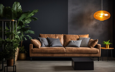 Stylish living room featuring a close-up of a sofa with rich textures, indoor plants, and elegant lighting.ai generative