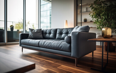 Modern living room showcasing a chic sofa close-up, sleek design, and hardwood floors.ai generative