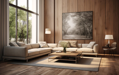 Modern living room showcasing a chic sofa, sleek design, and hardwood floors. ai generative