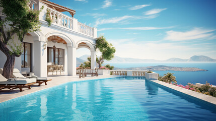 Fototapeta na wymiar Traditional mediterranean white house with pool on hill with stunning sea view. Summer vacation background.ai generative