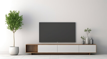 Mockup a TV wall mounted with decoration in living room and white wall.ai generative