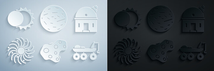 Set Asteroid, Astronomical observatory, Black hole, Mars rover, Planet Venus and Eclipse of the sun icon. Vector