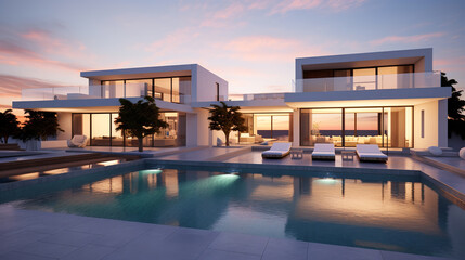 Fototapeta na wymiar Exterior of modern minimalist cubic villa with swimming pool at sunset.ai generative