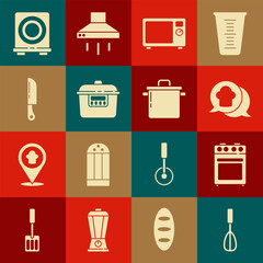 Set Kitchen whisk, Oven, Chef hat in speech bubble, Microwave oven, Slow cooker, Knife, Electric stove and Cooking pot icon. Vector