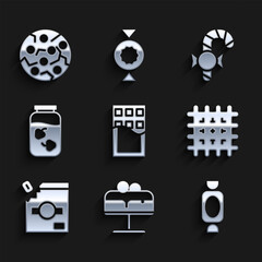 Set Chocolate bar, Cake on plate, Candy, Cracker biscuit, packaging for sweets, Strawberry jam jar, Christmas candy cane and Cookie icon. Vector