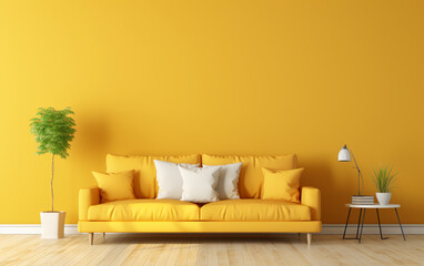 Fototapeta na wymiar Vibrant yellow empty wall with space for text and cozy beige sofa. Interior design of modern living room.ai generative