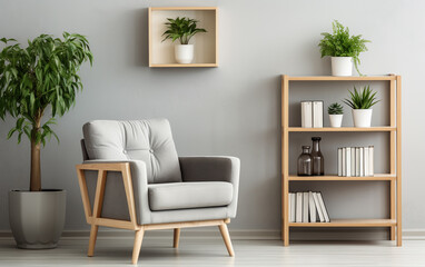 Wooden shelf unit and gray armchair. Scandinavian style interior design of modern living room.ai generative