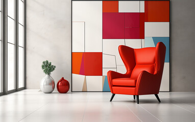Red wingback chair and white sofa in bright room. Suprematism style interior design of modern living room with abstract geometric shapes.ai generative