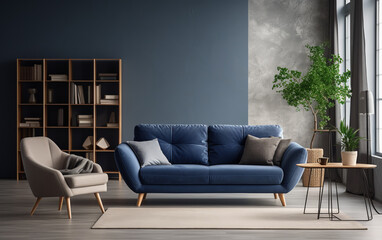 Dark blue sofa and recliner chair in scandinavian apartment. Interior design of modern living room.ai generative