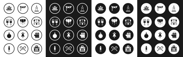 Set Burning candle, Balloons with ribbon, Glass of champagne, Cake, Christmas lights, Festive mask, mitten and ball icon. Vector