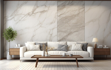 Abstract marble stone paneling wall in room with white sofa. Beautiful interior design of modern living room.ai generative