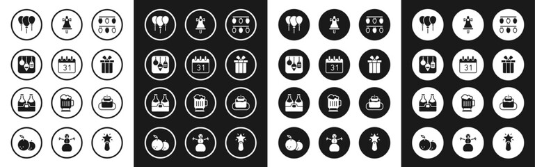 Set Christmas lights, Calendar, Balloons with ribbon, Gift box, Merry ringing bell, Cake and Champagne bottle icon. Vector