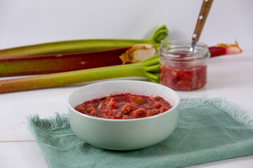homemade rhubarb jam on white background