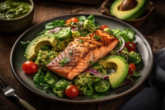 Grilled salmon fish fillet and fresh green lettuce vegetable tomato salad with avocado guacamole. Top view. Image generated by artificial intelligence