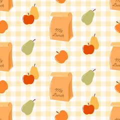 Seamless pattern of hand drawn school lunch box with apple and pear on plaid tablecloth. Design for back to school print, scrapbooking, textile, home and nursery decor, paper crafts. 