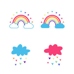 Set with two rainbows and clouds in iridescent colors, lgbt colors, multicolored. Boho rainbows isolated on white background. Flat vector illustration. Сolorful rain, lgbtq rain. 