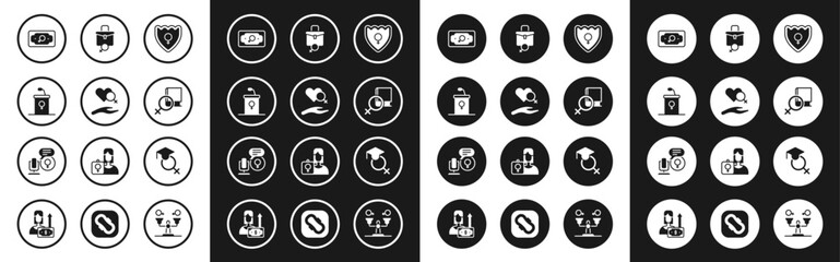 Set Gender shield, Female, Heart with female gender, Debate podium rostrum, Money growth woman, Book about women, Work for, Teacher and Microphone icon. Vector