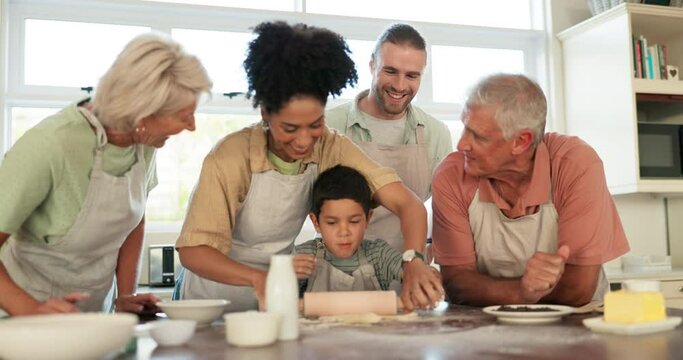 Parents, grandparents and grandkids with a family baking in the kitchen of their home together during a visit. Love, teaching and children in a house learning about cooking with food education