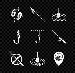 Set Fish, Fishing net, float water, No fishing, Location, hook and under icon. Vector