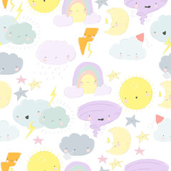 Vector Seamless Pattern with Cute Cartoon Weather on Blue Background