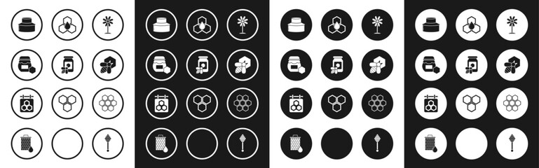 Set Flower, Jar of honey with bee, Beekeeper protect hat, and honeycomb, Honeycomb, and Hanging sign icon. Vector