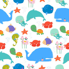 Vector Seamless Pattern with Inhabitants of the Sea World