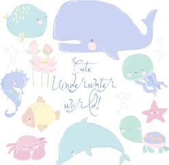 Fish and wild marine animals are isolated on white background. Inhabitants of the sea world, cute, funny underwater creatures. Vector cartoon illustration