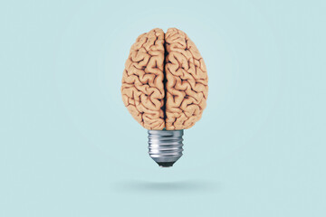 Creative light bulb brain on a light blue background. Brainstorm. Think differently, concept....