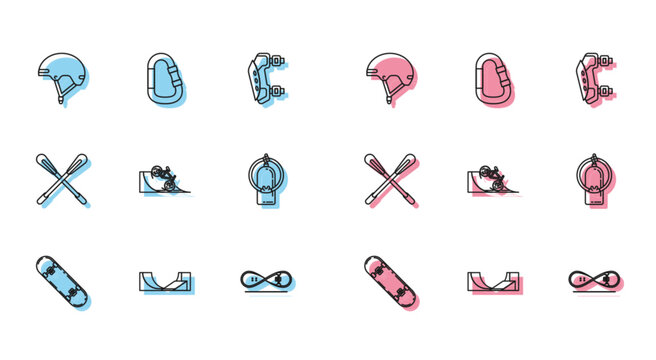 Set line Skateboard trick, park, Helmet, Bicycle on street ramp, Aqualung, Crossed paddle and Carabiner icon. Vector