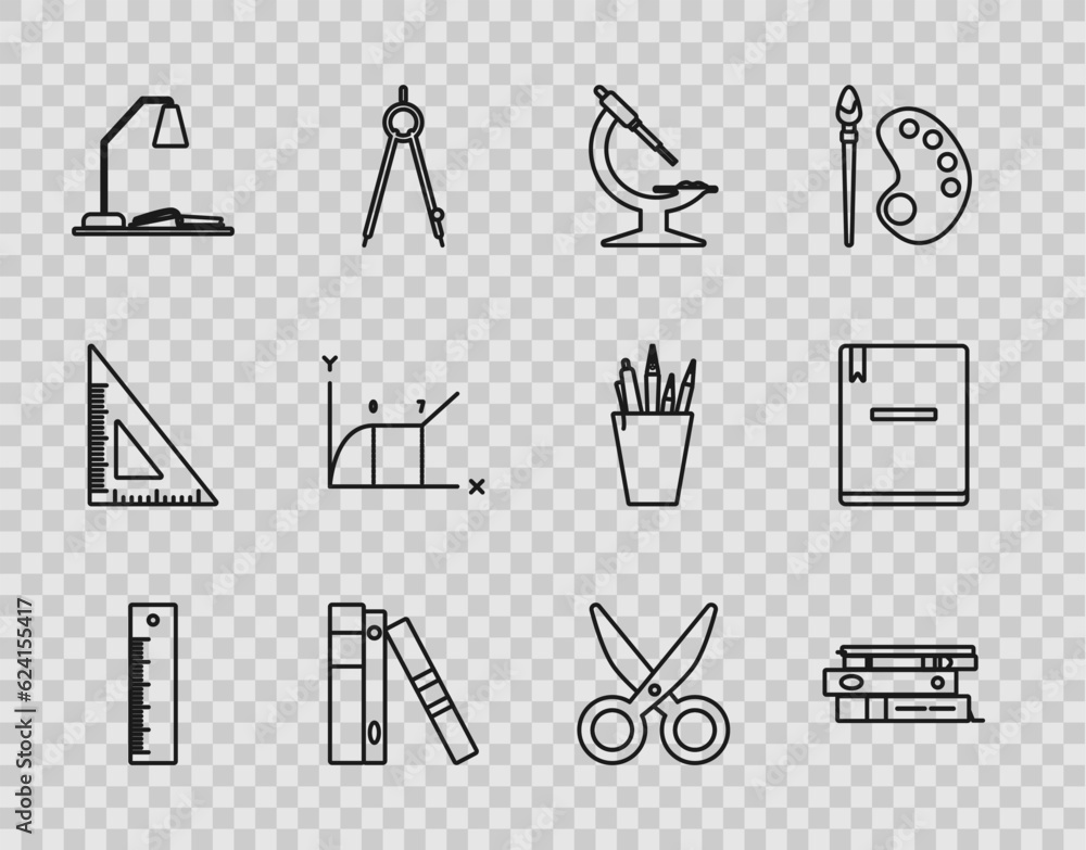 Poster set line ruler, office folders with papers and documents, microscope, workplace table lamp open book