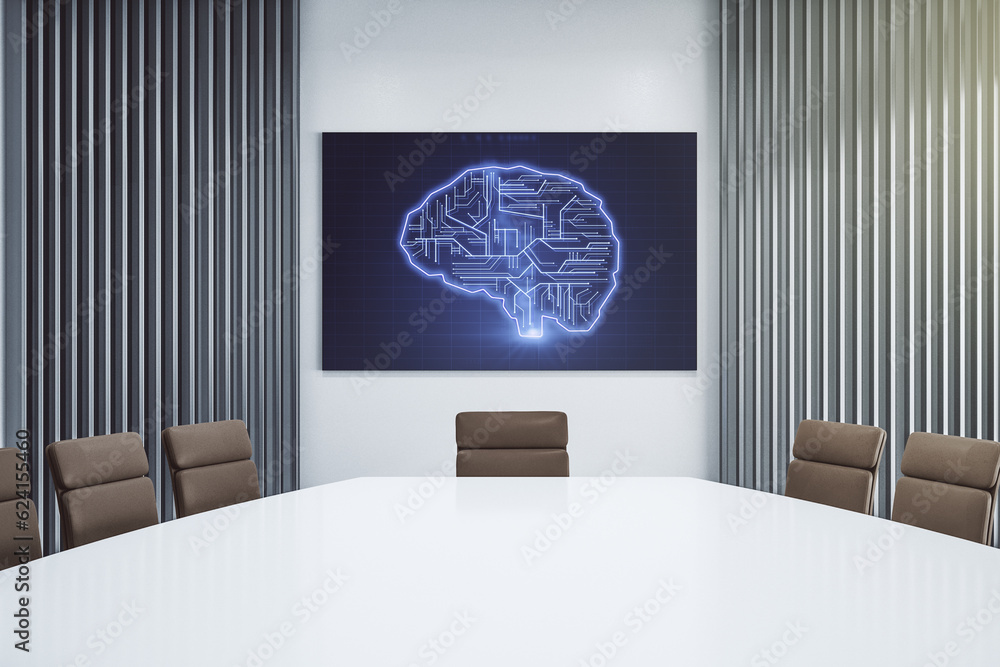 Aufkleber Creative artificial Intelligence symbol on presentation tv screen in a modern meeting room. Neural networks and machine learning concept. 3D Rendering