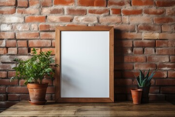 Positioned against a brick wall, a wooden mockup frame adds a touch of comforting rustic allure. Generative AI