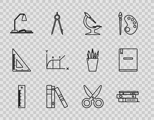 Set line Ruler, Office folders with papers and documents, Microscope, Workplace table lamp open book, Pie chart infographic, Scissors and Notebook icon. Vector