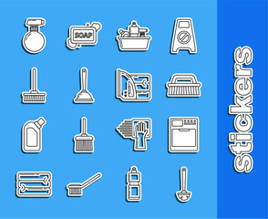 Set line Toilet brush, Washer, Brush for cleaning, Plastic bottles liquid dishwashing liquid, plunger, Mop, and Electric iron and towel icon. Vector