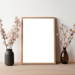 An empty frame and vases arranged on a wooden table, with a frame mockup complementing the minimalistic light brown and white background. Generative AI