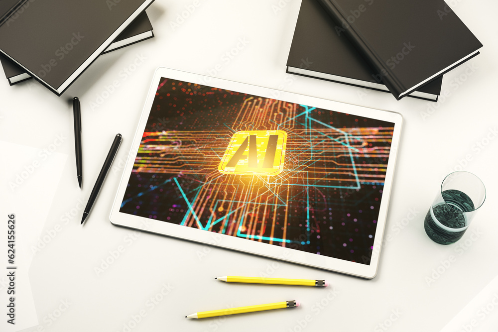 Poster Top view of modern digital tablet monitor with creative artificial Intelligence icon. Neural networks and machine learning concept. 3D Rendering