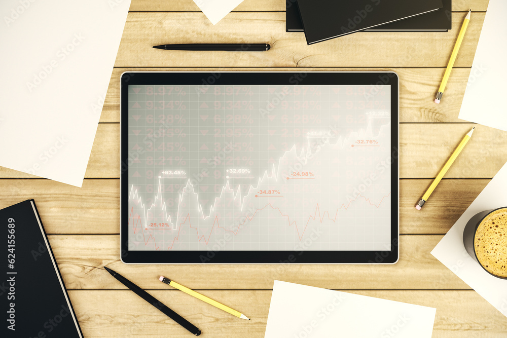 Poster modern digital tablet monitor with abstract creative financial chart, research and analytics concept