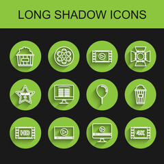 Set line 4k movie, tape, frame, Online play video, Popcorn cardboard box, Buy cinema ticket online, and Balloon with ribbon icon. Vector