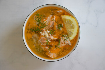 Salmon soup on a light background
