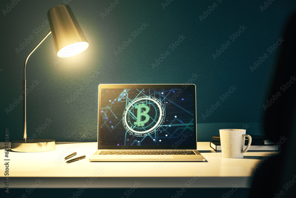 Aufkleber Modern computer display with creative Bitcoin symbol hologram. Mining and blockchain concept. 3D Rendering