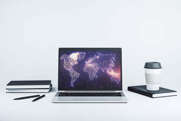 Fototapeta premium Modern computer monitor with abstract digital world map, research and strategy concept. 3D Rendering